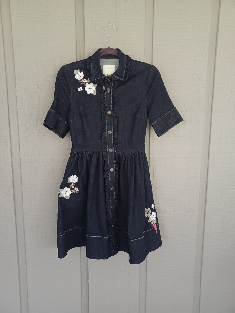 Kate Spade Embroidered Denim Shirt Dress Size 4 Floral Pockets Stretch Preppy